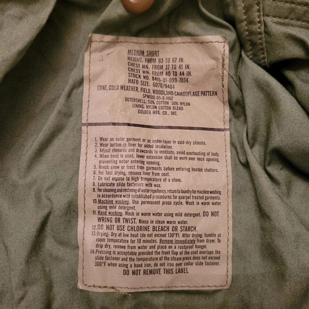 Vintage US Army Woodland Camouflage Field Jacket Medium‎ Short Cold Weather